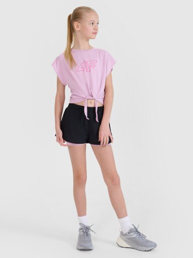 Dziewczęcy crop top sportowy z nadrukiem 4F 4FJWSS25TFTSF1184 - różowy
