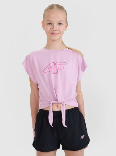 4F JUNIOR Dziewczęcy crop top sportowy z nadrukiem 4F 4FJWSS25TFTSF1184  różowy Różowy