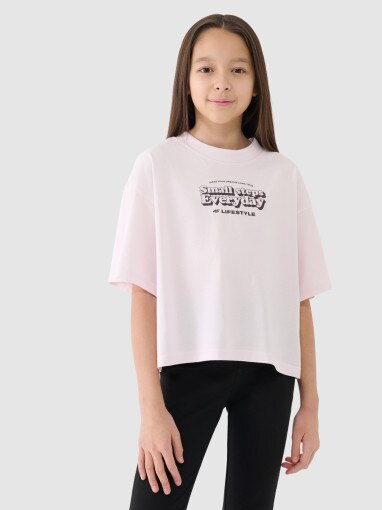 4F JUNIOR Dziewczęcy crop top z nadrukiem4F 4FJRSS25TTSHF2587  beżowy Beżowy