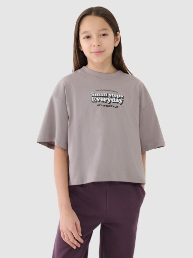 4F JUNIOR Dziewczęcy crop top z nadrukiem4F 4FJRSS25TTSHF2587  beżowy Beżowy