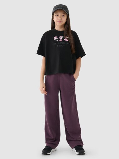 Dziewczęcy crop top z nadrukiem4F 4FJRSS25TTSHF2587 - czarny
