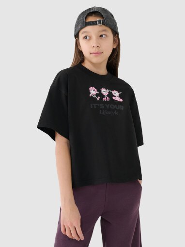 4F JUNIOR Dziewczęcy crop top z nadrukiem4F 4FJRSS25TTSHF2587  czarny Czarny
