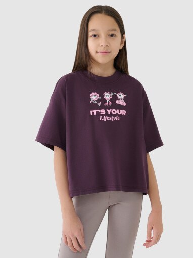 4F JUNIOR Dziewczęcy crop top z nadrukiem4F 4FJRSS25TTSHF2587  fioletowy Fioletowy