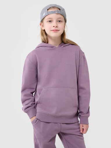 4F JUNIOR Dziewczęca bluza dresowa nierozpinana z kapturem 4F 4FJRAW24TSWSF1831  fioletowa Fioletowy