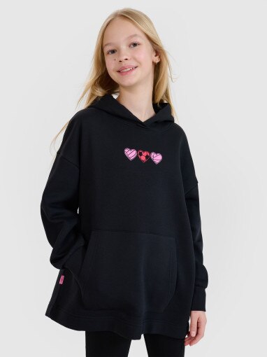 4F JUNIOR Dziewczęca bluza dresowa nierozpinana z kapturem 4F 4FJRSS25TSWSF2235  czarna Czarny