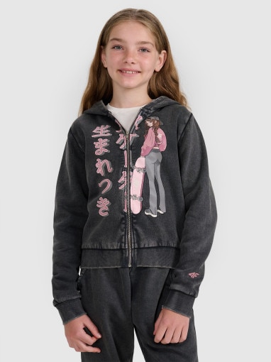 4F JUNIOR Dziewczęca bluza dresowa rozpinana z kapturem 4F 4FJRAW25TSWSF2292  szara Czarny