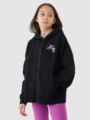 4F JUNIOR Dziewczęca bluza dresowa rozpinana z kapturem 4F 4FJRSS24TSWSF1335 czarna Czarny