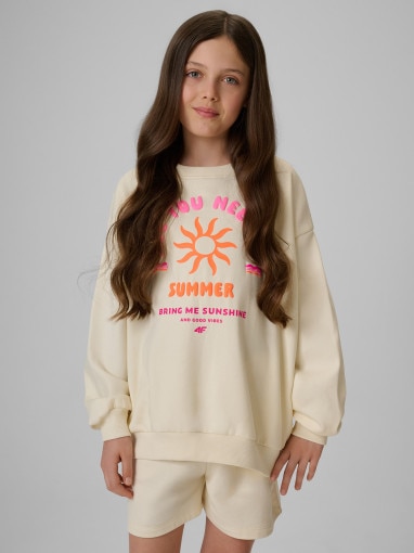  4F JUNIOR Dziewczęca bluza nierozpinana bez kaptura 4F 4FJWSS26TSWSF2296  kremowa Kremowy