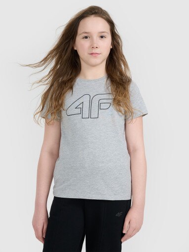 4F JUNIOR Dziewczęca koszulka oversize z nadrukiem 4F 4FJWMM00TTSHF2333  szara Szary