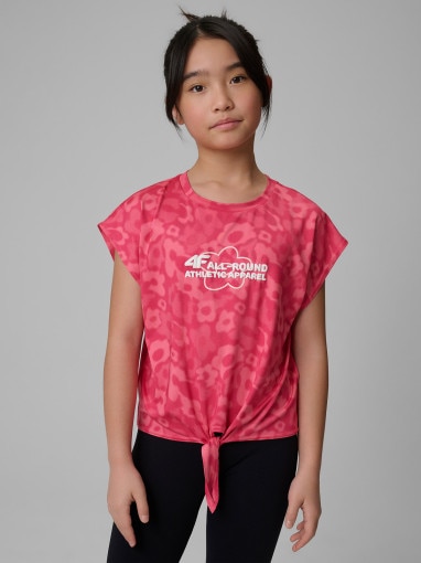  4F JUNIOR Dziewczęca koszulka treningowa z nadrukiem 4F 4FJWSS26TFTSF1965  różowa Różowy