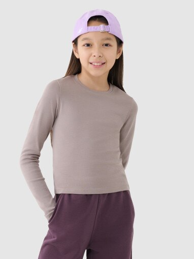 4F JUNIOR Longsleeve slim gładki dziewczęcy  beżowy Beżowy