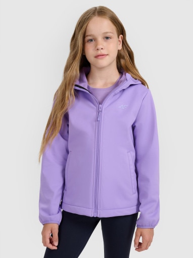 4F JUNIOR Dziewczęcy softshell rozpinany z kapturem 4F 4FJRAW25TSOFF515 fioletowy Fioletowy