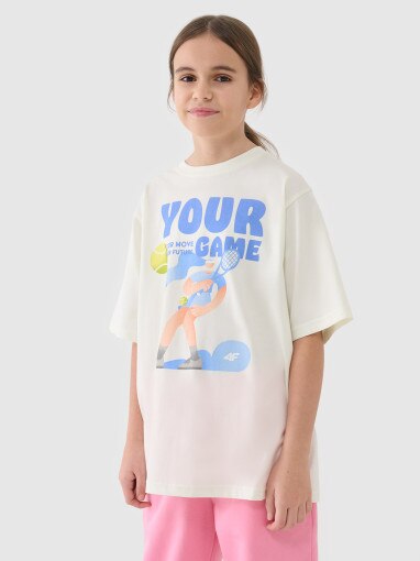 4F JUNIOR Dziewczęcy tshirt oversize z nadrukiem 4F 4FJASAW24TTSHF2592  biały Biały