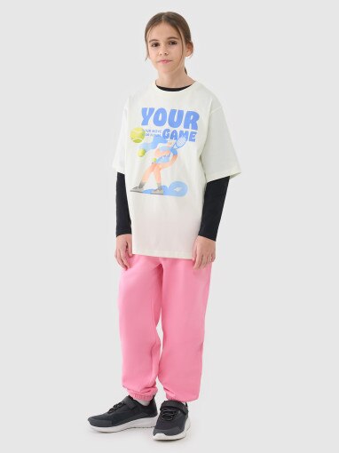 Dziewczęcy t-shirt oversize z nadrukiem 4F 4FJASAW24TTSHF2592 - biały