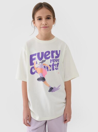 4F JUNIOR Dziewczęcy tshirt oversize z nadrukiem 4F 4FJASAW24TTSHF2592  biały Biały