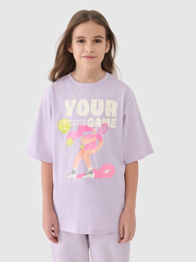 4F JUNIOR Dziewczęcy tshirt oversize z nadrukiem 4F 4FJASAW24TTSHF2592  różowy Fioletowy