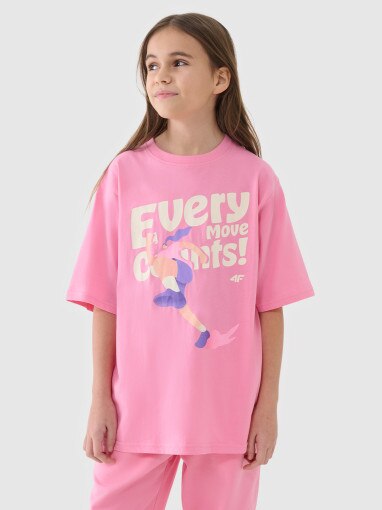 4F JUNIOR Dziewczęcy tshirt oversize z nadrukiem 4F 4FJASAW24TTSHF2592  różowy Różowy