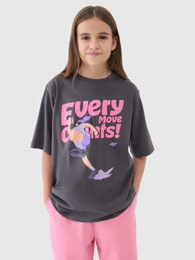 4F JUNIOR Dziewczęcy tshirt oversize z nadrukiem 4F 4FJASAW24TTSHF2592 szary Szary