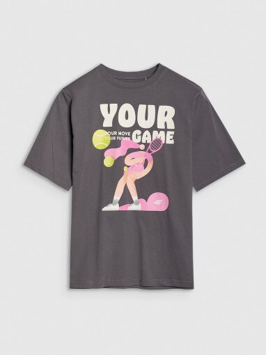4F JUNIOR Dziewczęcy tshirt oversize z nadrukiem 4F 4FJASAW24TTSHF2592  szary Szary