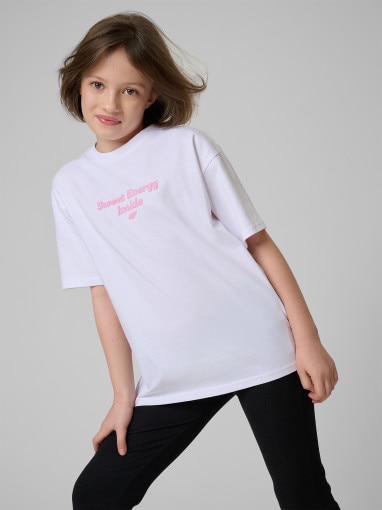  4F JUNIOR Dziewczęcy tshirt z nadrukiem 4F 4FJRSS26TTSHF3825  biały Biały