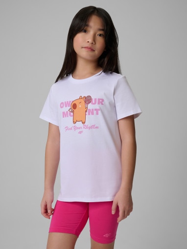  4F JUNIOR Dziewczęcy tshirt z nadrukiem 4F 4FJRSS26TTSHF3869  biały Biały