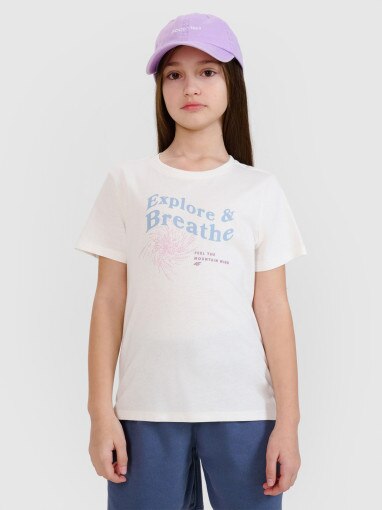 Dziewczęcy t-shirt z nadrukiem 4F 4FJWSS25TTSHF1854 - biały