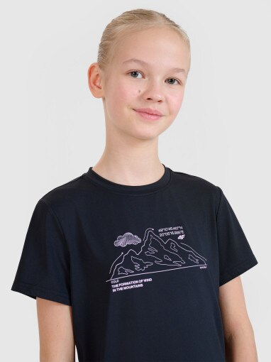 4F JUNIOR Dziewczęca koszulka trekkingowa z nadrukiem 4F 4FJWSS25TFTSF1199  czarna Czarny