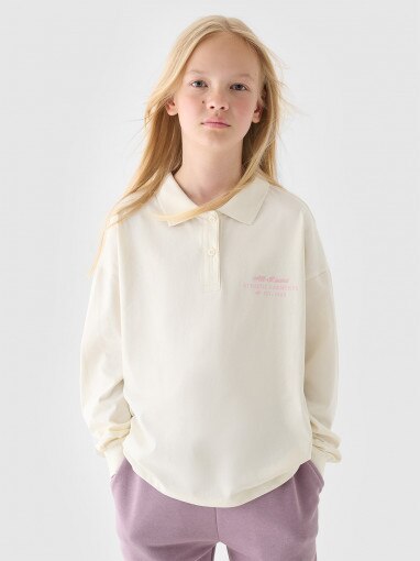 4F JUNIOR Dziewczęcy longsleeve z kołnierzykiem 4F  4FJRAW24TLONF438  biały Złamana biel