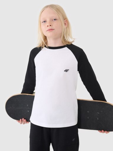 4F JUNIOR Chłopięcy longsleeve regular gładki 4F 4FJWSS25TLONM420  biały Biały