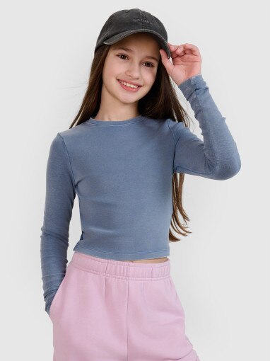 4F JUNIOR Dziewczęcy longsleeve crop top gładki 4F 4FJWSS25TLONF430  granatowy Granatowy