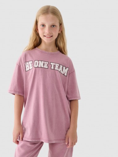 4F JUNIOR Dziewczęcy tshirt z nadrukiem 4F 4FJRAW24TTSHF2123  różowy Ciemny róż