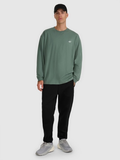 Męski longsleeve oversize z nadrukiem 4F 4FWAW25TLONM481 - oliwkowy