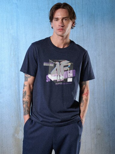  4F Męski tshirt z nadrukiem 4F 4FRSS26TTSHM3657  granatowy Granatowy