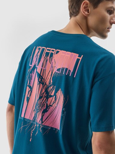 4F Męski tshirt z nadrukiem 4F 4FWSS24TTSHM1287 – turkusowy Turkusowy