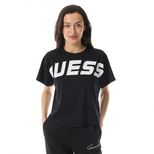 GUESS Damski tshirt z nadrukiem Deana Boxy  czarny Głęboka czerń