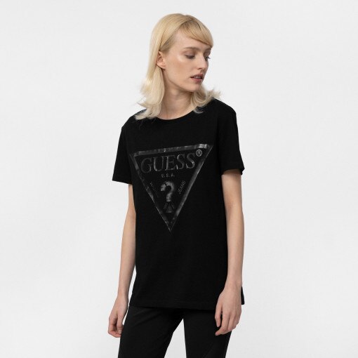 GUESS Damski tshirt z nadrukiem GUESS ADELE SS CN TEE  czarny Głęboka czerń