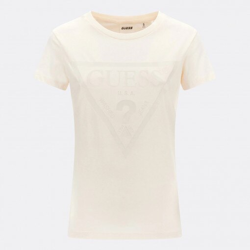 Damski t-shirt z nadrukiem GUESS ADELE SS CN TEE - kremowy/ecru