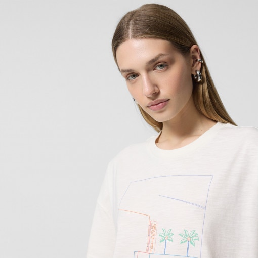 Damski t-shirt oversize z nadrukiem Outhorn OTHWSS24TTSHF1486 - złamana biel