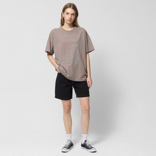  Outhorn Damski tshirt oversize z nadrukiem Outhorn OTHWSS24TTSHF1486  brązowy Jasny brąz