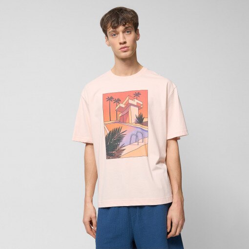  Outhorn Męski tshirt oversize z nadrukiem Outhorn OTHWSS24TTSHM1504  łososiowy Różowy