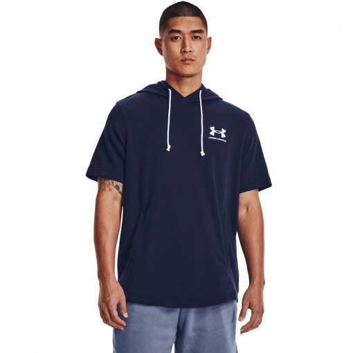 UNDER ARMOUR Męska bluza dresowa nierozpinana z krótkim rękawem Under Armour UA Rival Terry LC SS HD  granatowa Granatowy