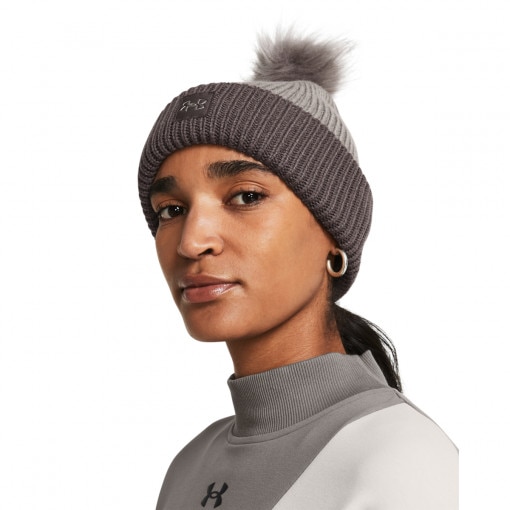 UNDER ARMOUR Damska czapka zimowa UNDER ARMOUR UA Halftime Ribbed Pom  brązowa Brązowy