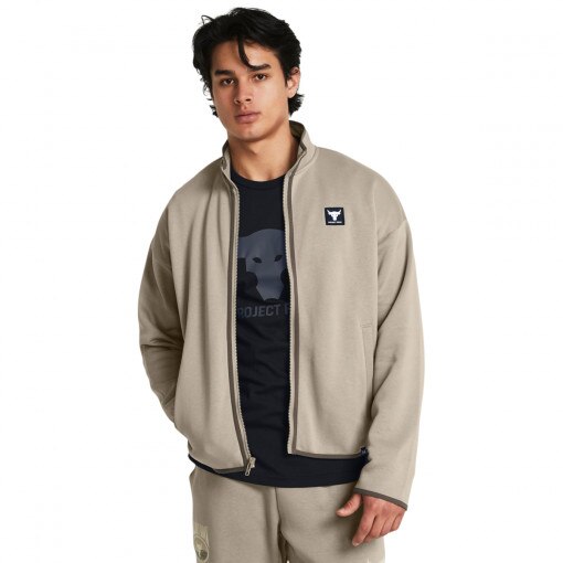 UNDER ARMOUR Męska bluza treningowa rozpinana bez kaptura Under Armour Project Rock Icon Fleece Full Zip  beżowa Beżowy