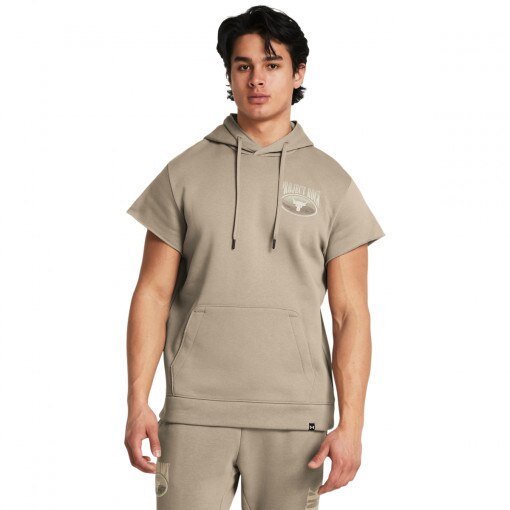 UNDER ARMOUR Męska bluza treningowa nierozpinana z krótkim rękawem Under Armour Project Rock Q1 SS Icon Fleece HD  beżowa Beżowy