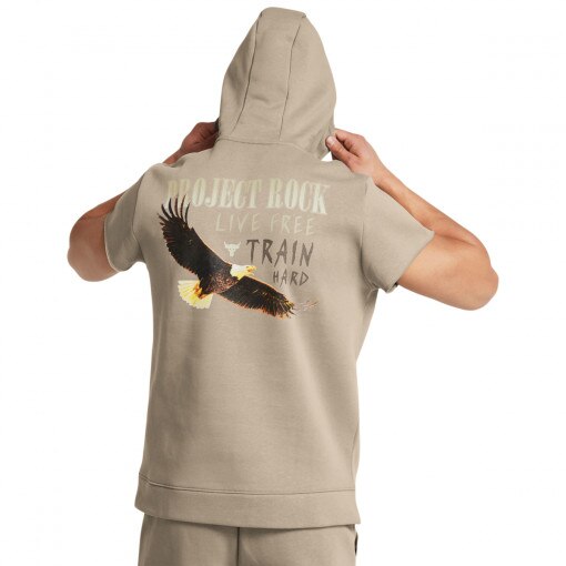 Męska bluza treningowa nierozpinana z krótkim rękawem Under Armour Project Rock Q1 SS Icon Fleece HD - beżowa