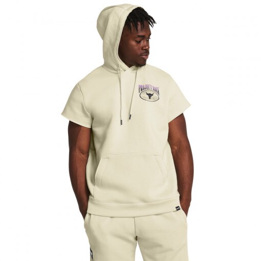UNDER ARMOUR Męska bluza treningowa nierozpinana z krótkim rękawem Under Armour Project Rock Q1 SS Icon Fleece HD  kremowa Koralowy