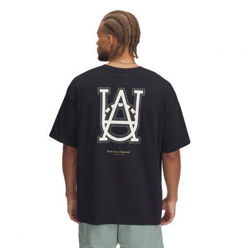 Męski t-shirt z nadrukiem Under Armour UA Heavyweight Hoops Courtside Short Sleeve - czarny