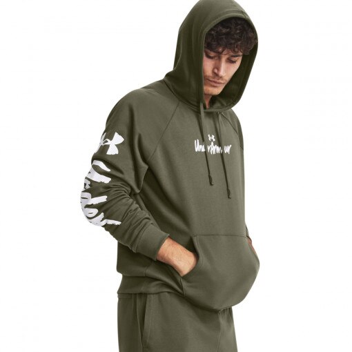 UNDER ARMOUR Męska bluza dresowa nierozpinana z kapturem Under Armour UA Rival Fleece Graphic HD  oliwkowa/khaki Oliwkowy