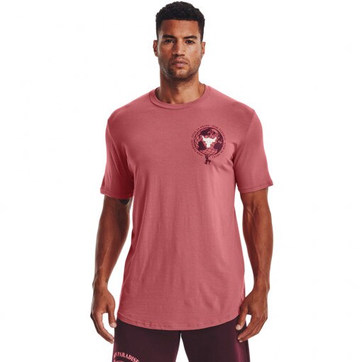 Obrazek dla: UNDER ARMOUR Męska koszulka treningowa Under Armour Project Rock OPEN 24 HOURS SS  łososiowa Koralowy