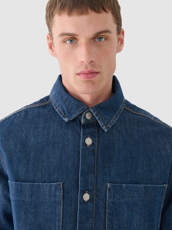Męska koszula jeansowa Outhorn OTHWAW24TSHIM074 - granatowa
